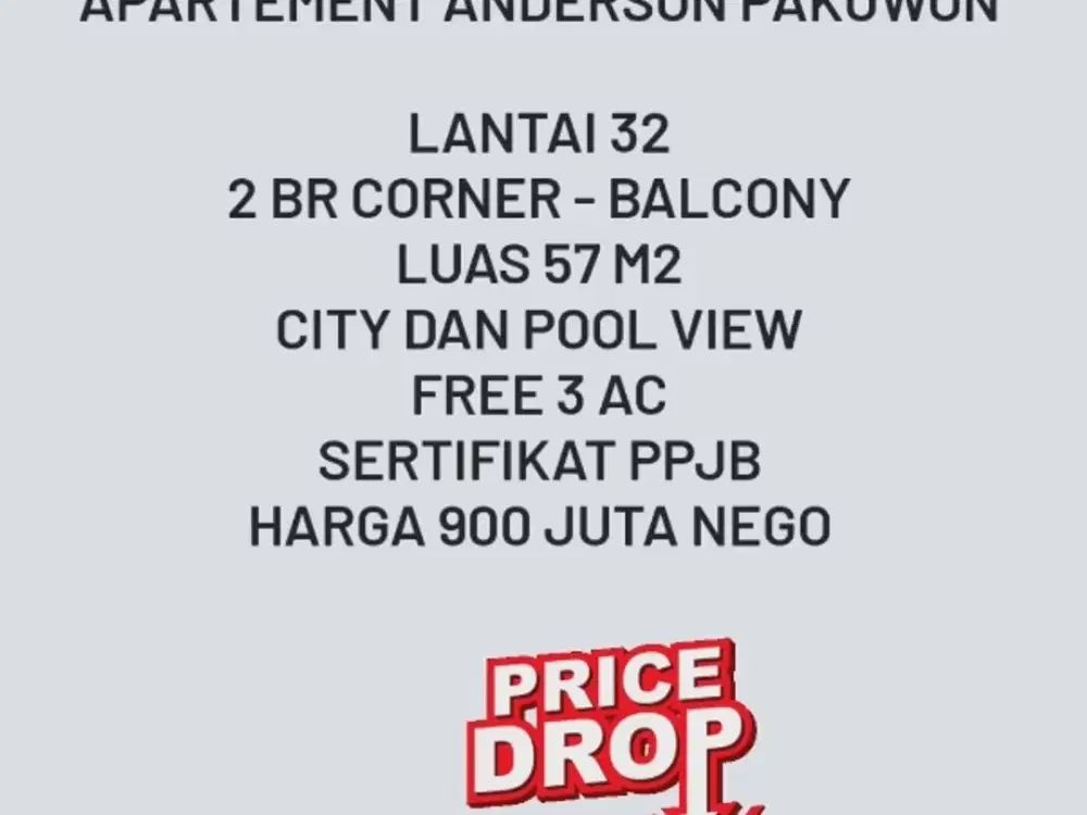 MURAH, Apartemen Anderson 2BR Corner Kosongan Dkt Benson
