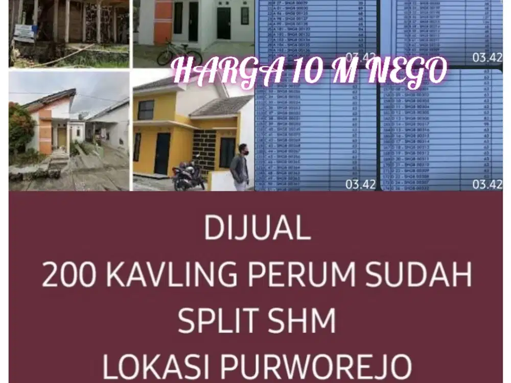 DIJUAL 200 KAVLING PERUM SHM SUDAH SPLITLOKASI PURWOREJO