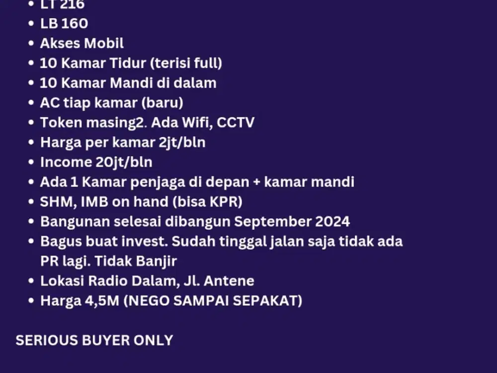 Di jual rumah Kosan Baru New properti  di radio dalam Jakarta selatan
