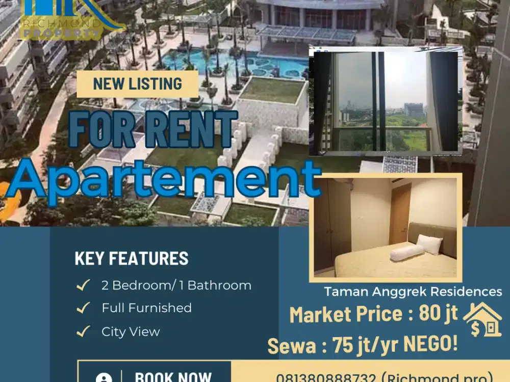 Sewa Apartment 2 BR 50m2 Taman Anggrek Residences Tower Callypso