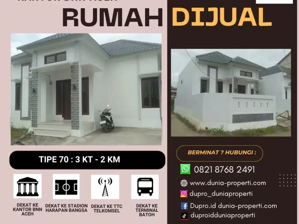 Rumah dijual tp 70 lokasi strategis di Lamcot belakang kantor BNN Aceh