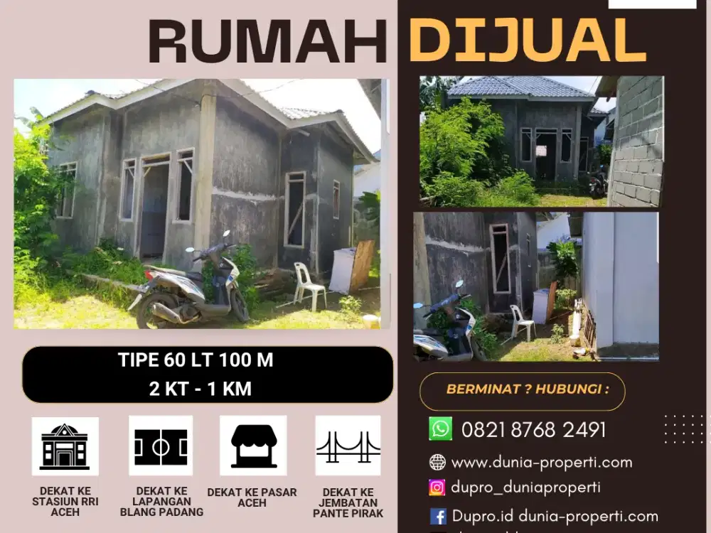 Dijual Rumah Siap Huni Tipe 60 LT 100, Dekat Pasar Aceh - Harga Nego