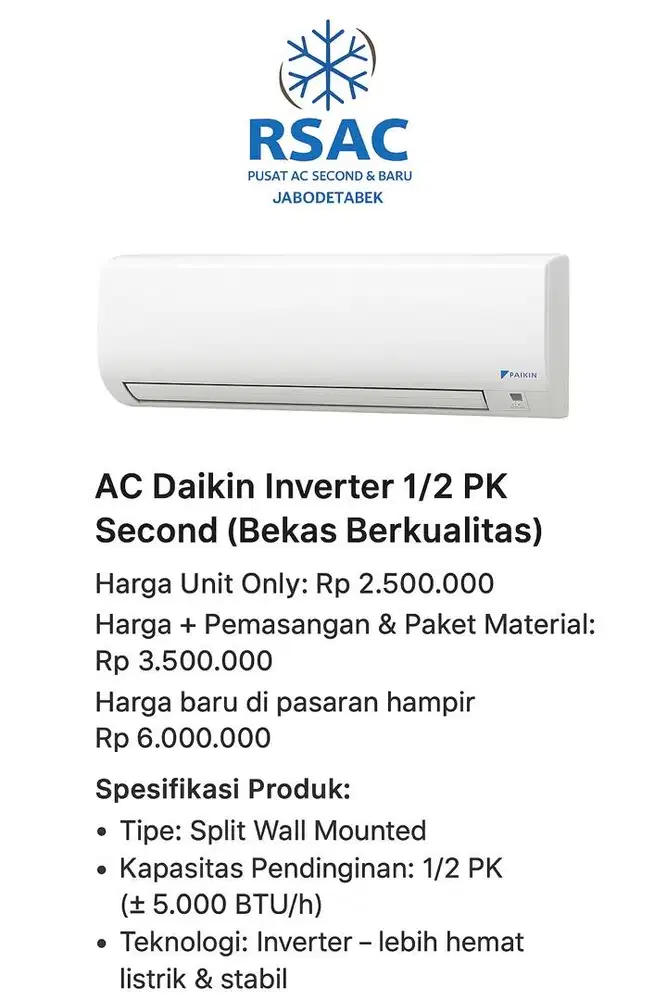 ac daikin 1/2 pk Inverter  second like new