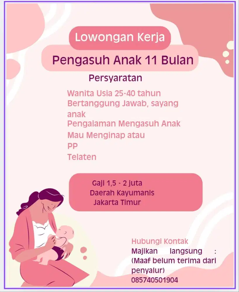 Lowongan ART Momong + Beberes