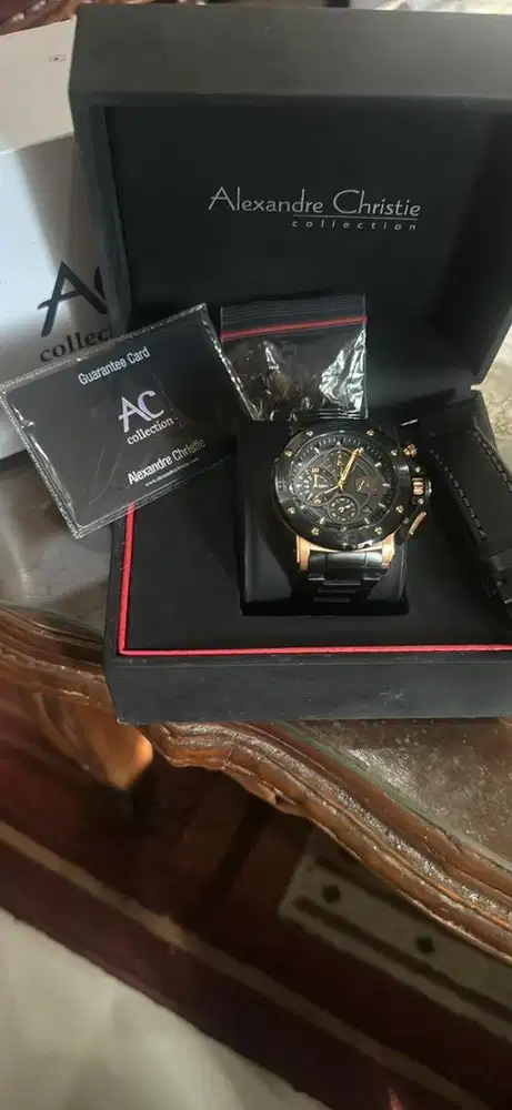 Jam alexandre christie 9205 tali rntai hitam rosegold bonus tali kulit