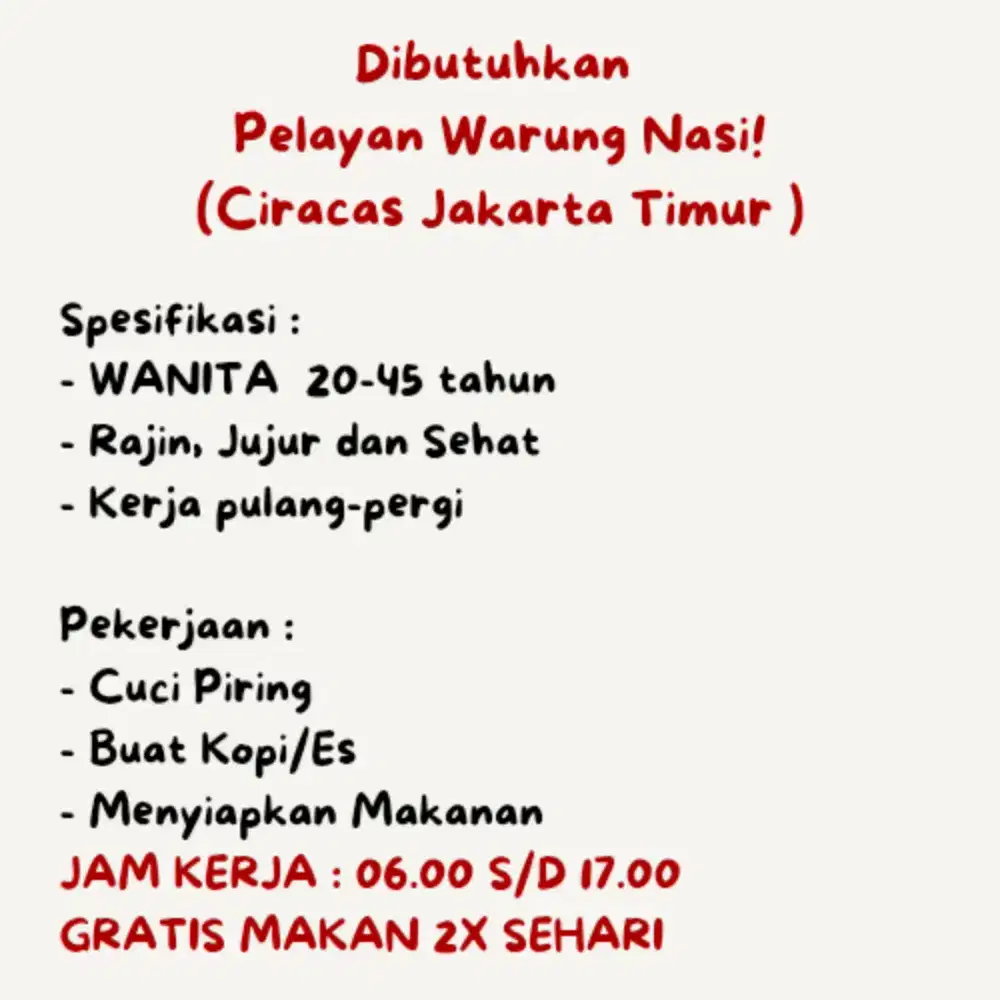 Dibutuhkan! Pelayan Warung Nasi