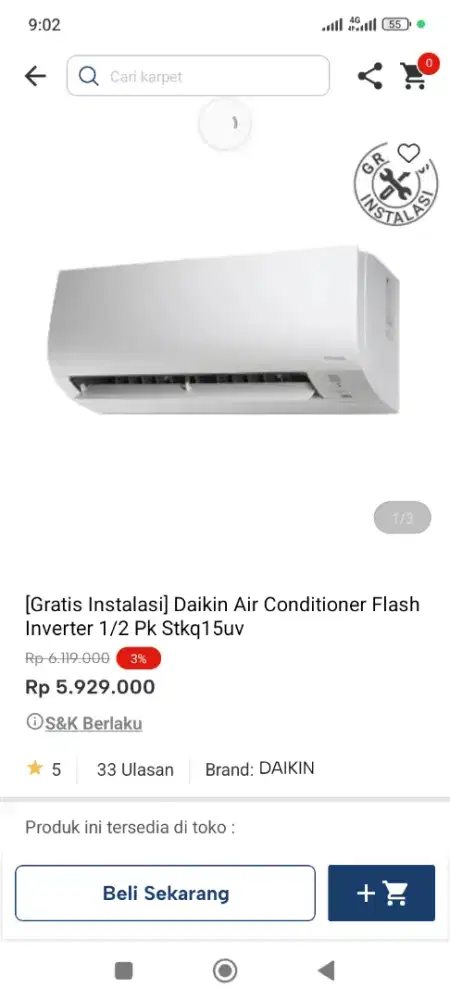 Kredit syarat ktp tanpa DP ac daikin 1/2pk gratis pemasangan