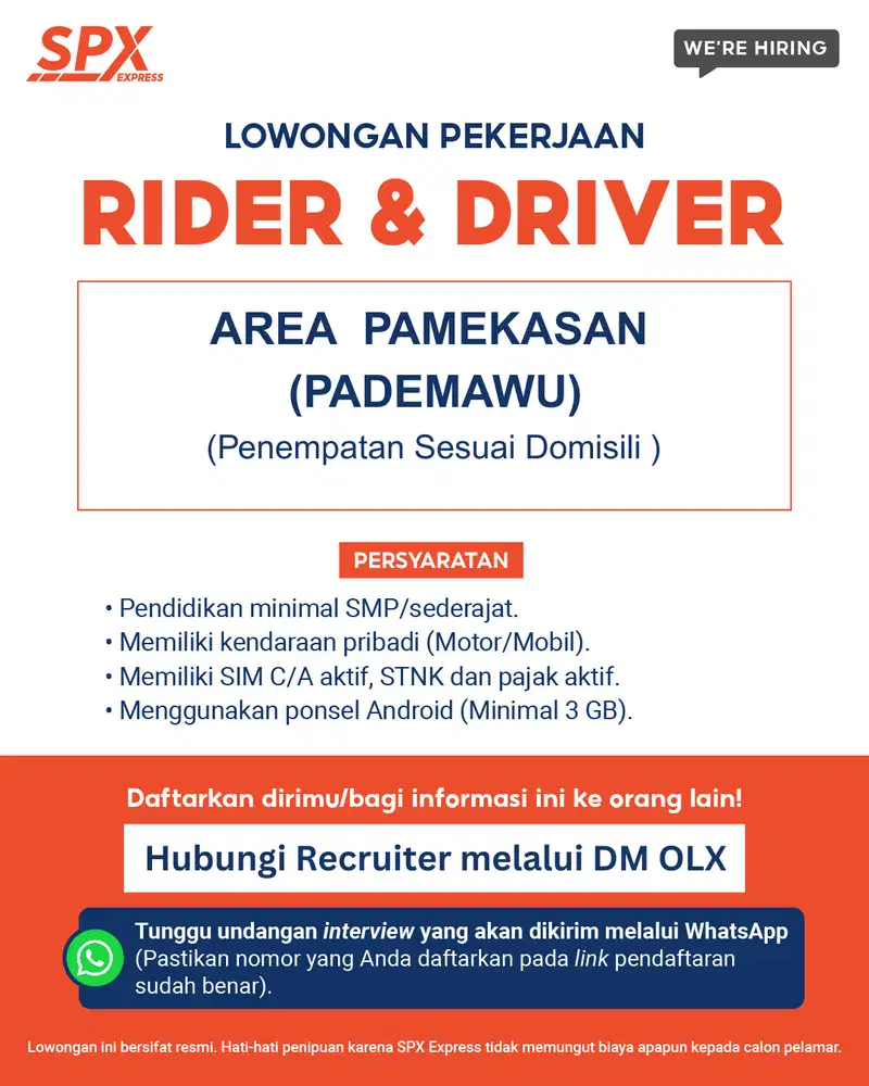 URGENT!! DIBUKA Lowongan SPX Express area  Pamekasan (Pademawu)