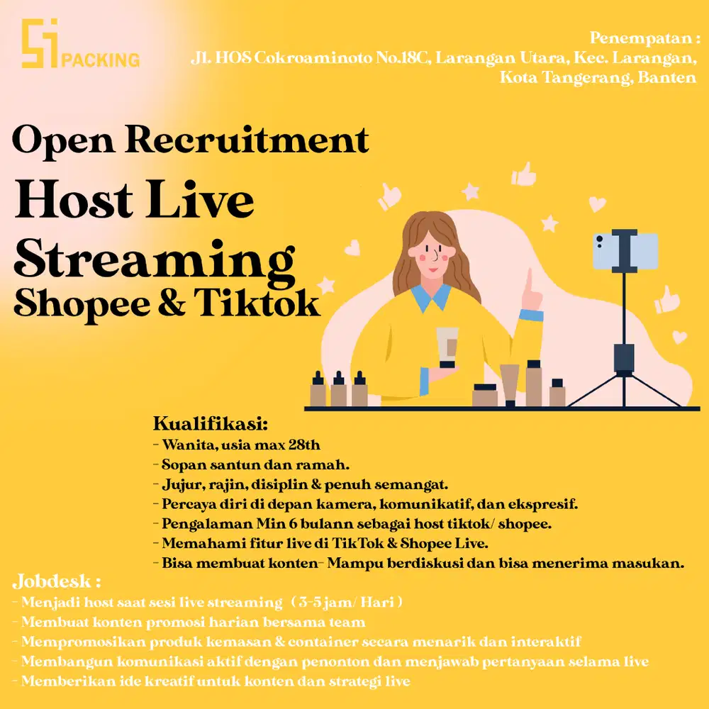 Lowongan Host Live Streaming Shopee & TIktok