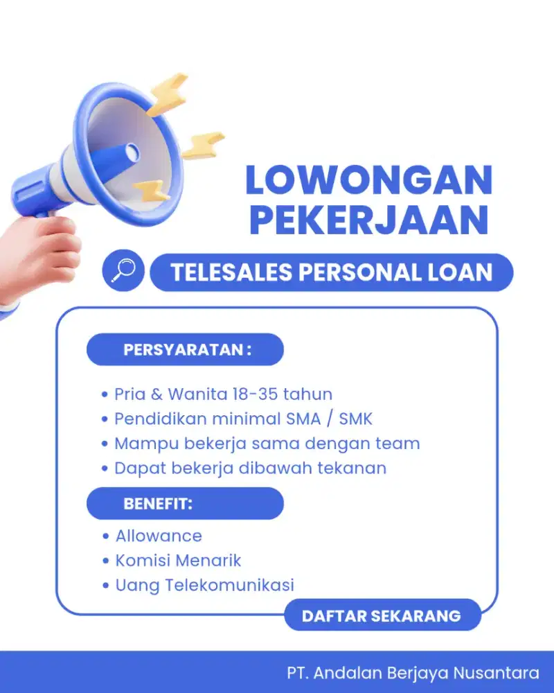 (Info Loker)  Telesales Personal Loan Perbangkan