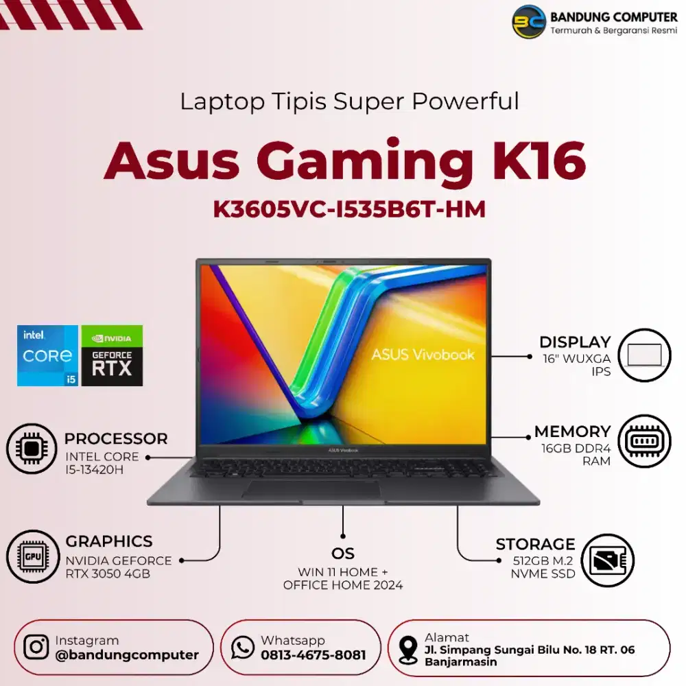 Laptop Asus Gaming K16 Intel Core i5 Gen 13 VGA RTX3050 RAM 16GB