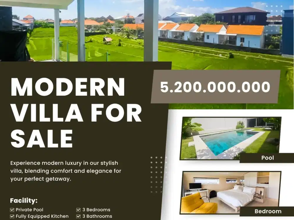 Dijual Villa Villa 2 lantai dijual di Padonan, Canggu dengan pemandangan sawah