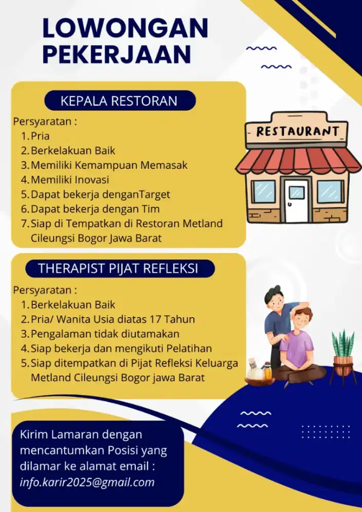 Lowongan Pekerjaan Kepala Restoran dan Therapist Pijat Refleksi