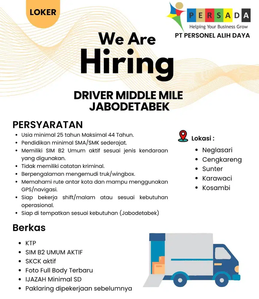 DRIVER TRUK WINGBOX AREA JABODETABEK SIM B2/B2 UMUM