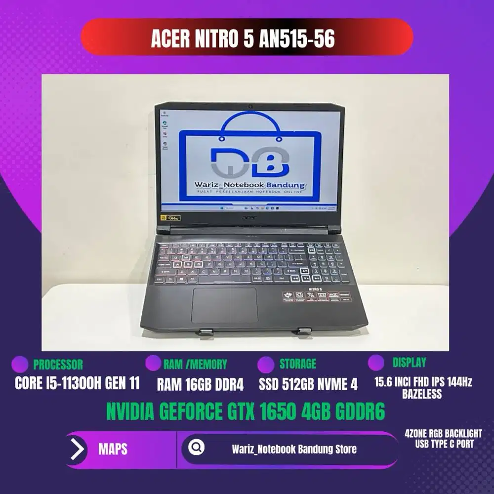 ACER NITRO 5 AN515-56 CORE I5-11300H NVIDIA GTX 1650 RAM 16GB SSD 512G