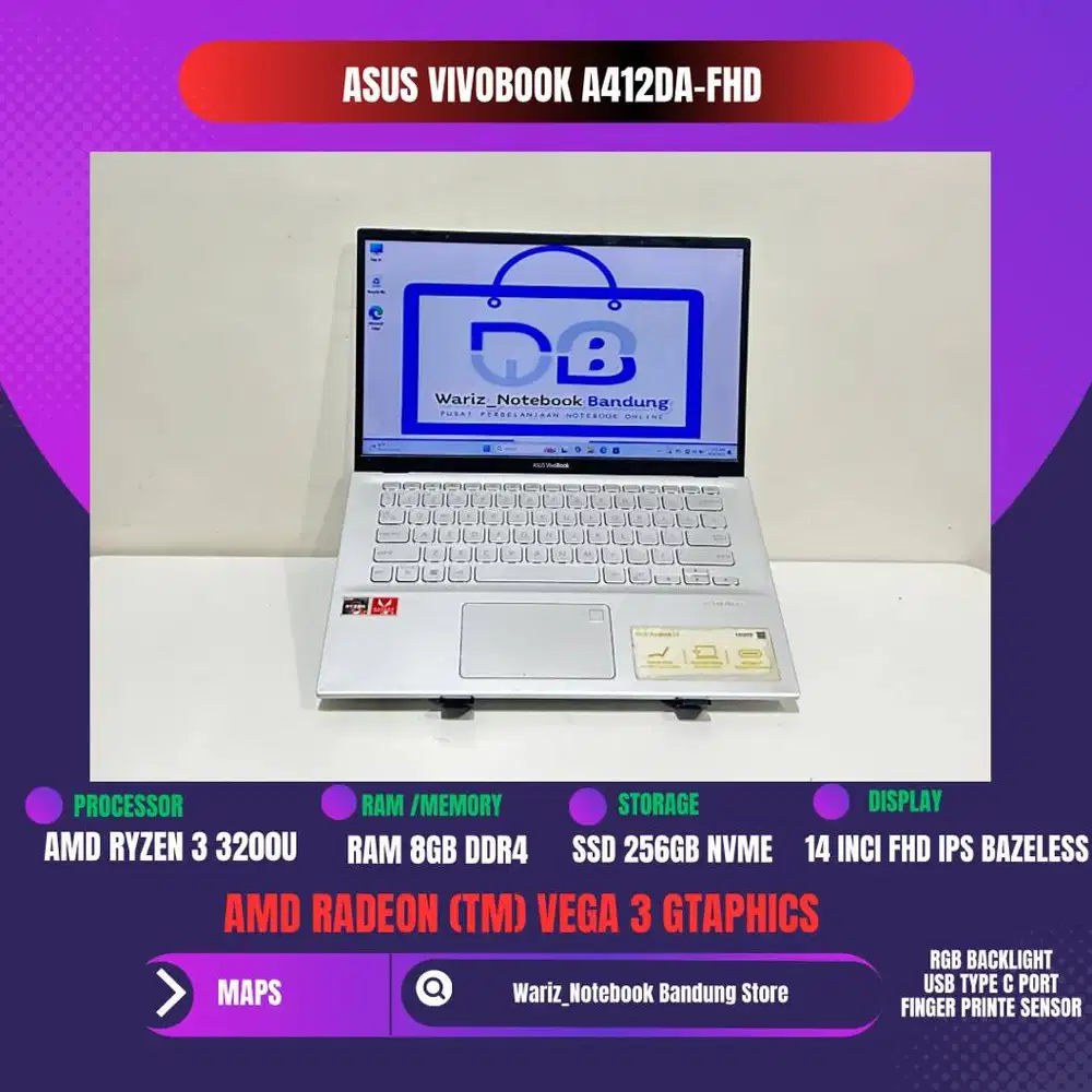 ASUS VIVOBOOK A412DA AMD RYZEN 3 3200U RAM 8GB SSD 256GB 14inci FHD