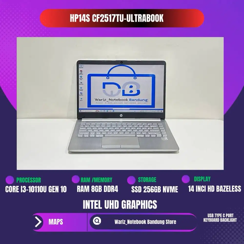 Hp 14s CF2517TU CORE I3-10110U GEN 10 RAM 8GB SSD 256GB 14inci BAZELES