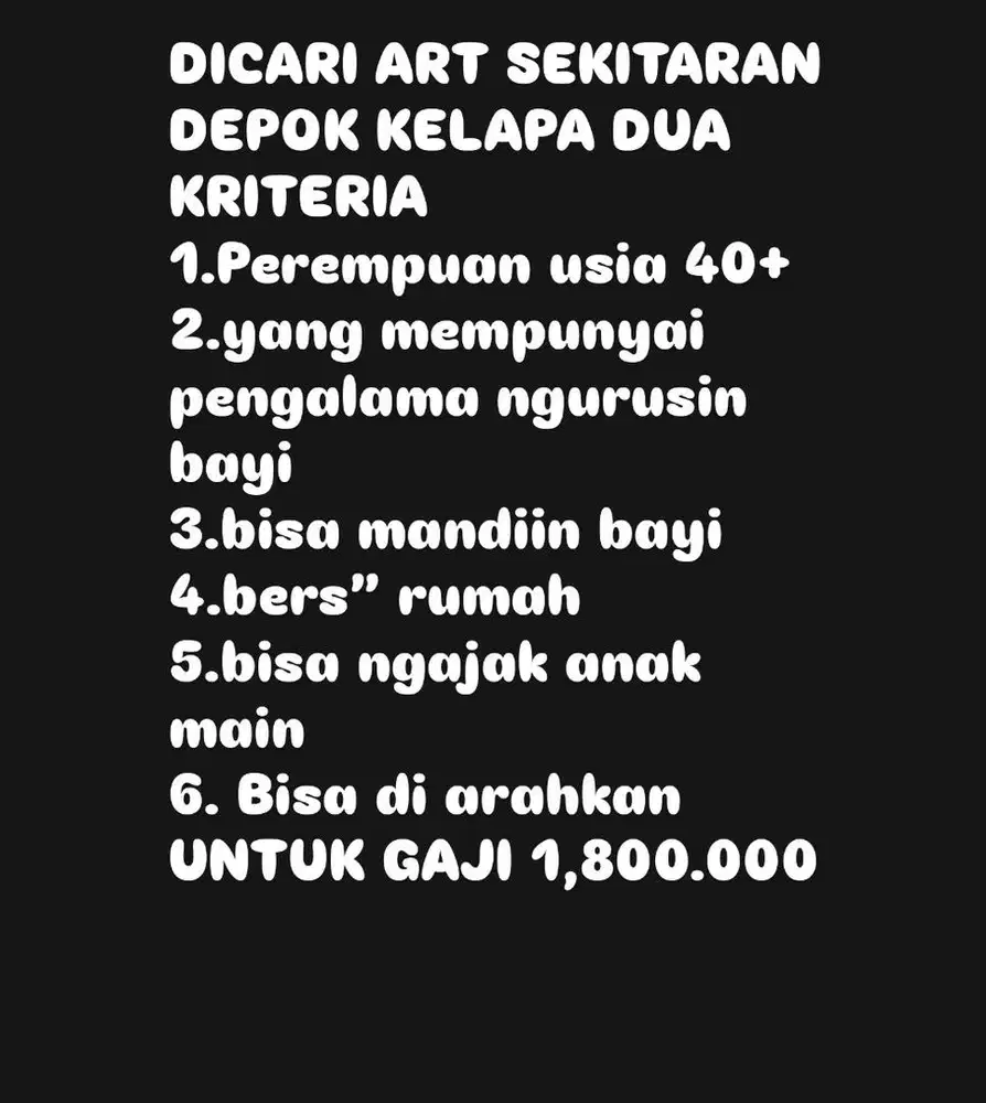 Cari ART SEKITARAN DEPOK KELAPA DUA