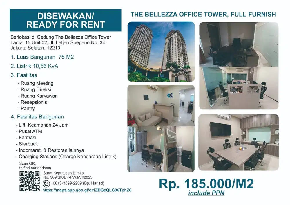 DISEWAKAN / READY FOR  RENT / FULL FURNISH/ Rp. 185.000 M2 include PPN