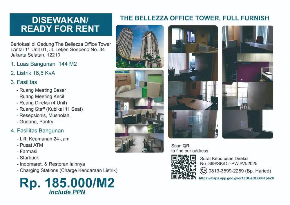 DISEWAKAN / READY FOR RENT/ FULL FURNISH/ Rp. 185.000 M2 (Include PPN)