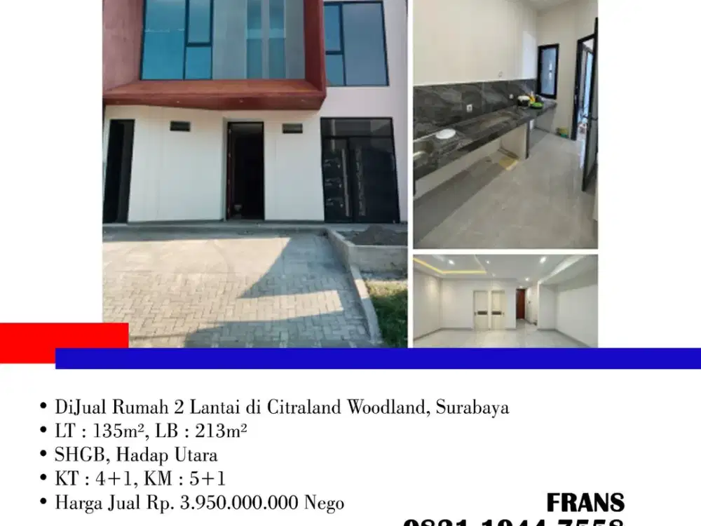 DiJual Rumah 2 Lantai di Citraland Woodland, Surabaya