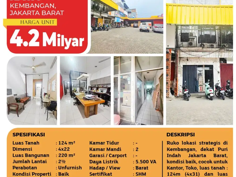 Ruko Strategis di Kembangan Raya Jakarta Barat – 220 m², 2.5 Lantai, Siap Pakai!