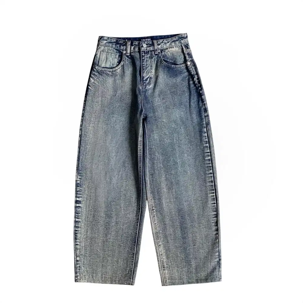 Toffee distressed acid wash jeans washed deep indigo loose tapered fit