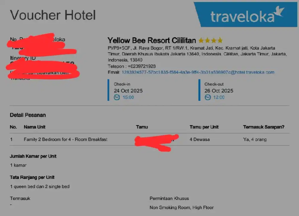 Voucher Hotel Yellow Bee Cilitan Inc BF 2 Malam