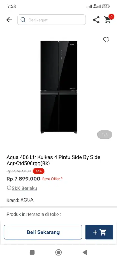 Cicilan syarat ktp tanpa DP promo kulkas aqua 4pintu 406liter