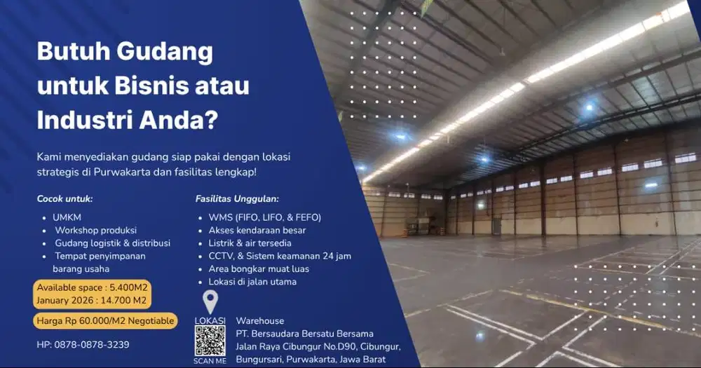 DISEWAKAN GUDANG SIAP PAKAI DENGAN LOKASI STRATEGIS DI PURWAKARTA