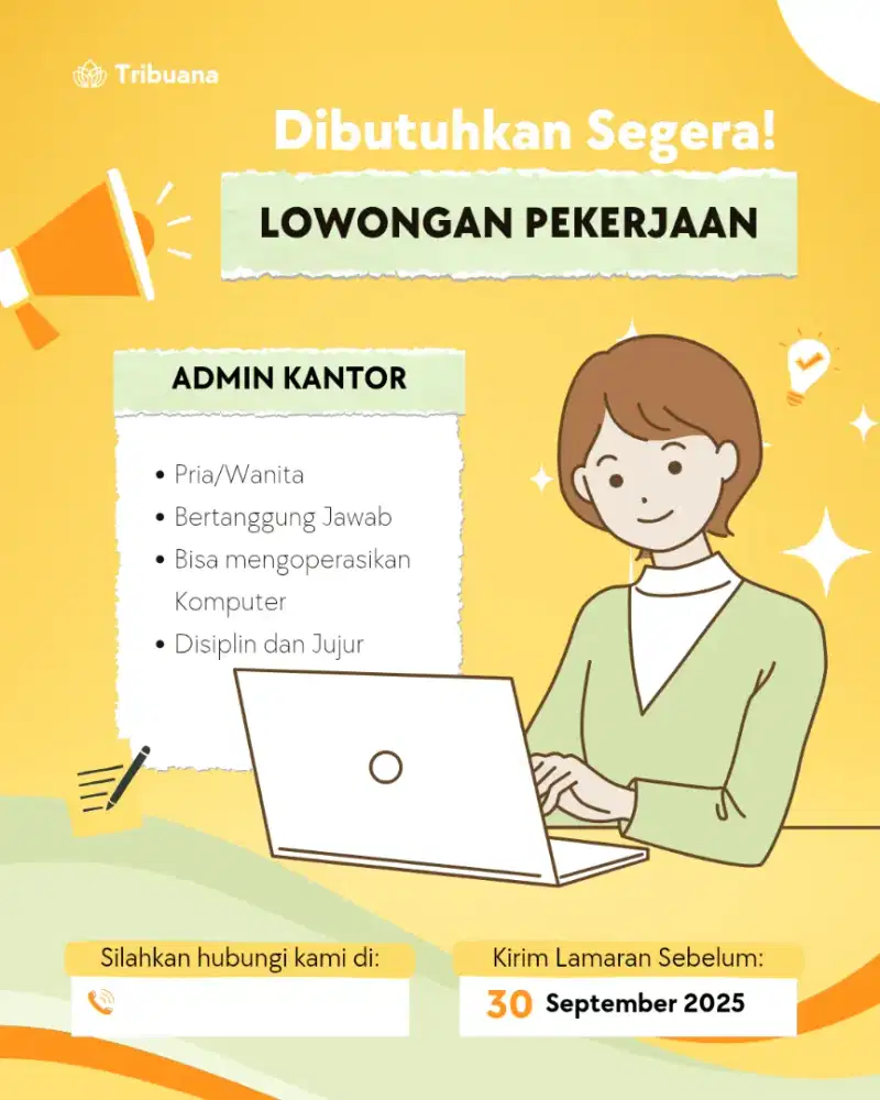 Dibutuhkan segera admin, staff kantor, driver