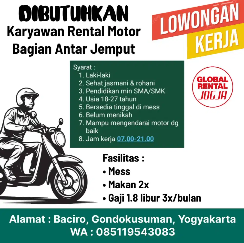Dicari karyawan rental motor jogja