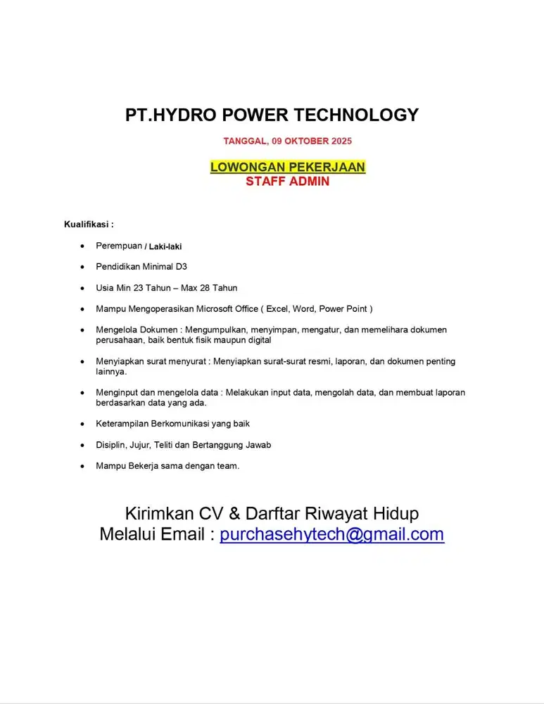 LOWONGAN KERJA - STAFF ADMINISTRASI