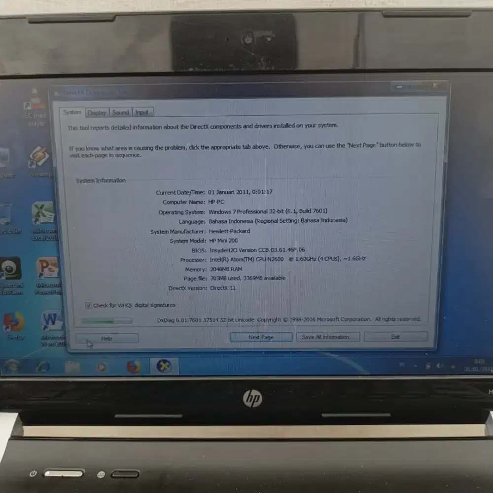 JUAL NOTEBOOK HP MINI 200 INTEL ATOM CPU N2600 RAM2GB HDD320GB