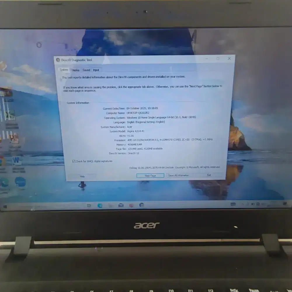JUAL LAPTOP ACER ASPRIRE3 A314 AMD A4-9120e RAM4GB SSD128+HDD320GB