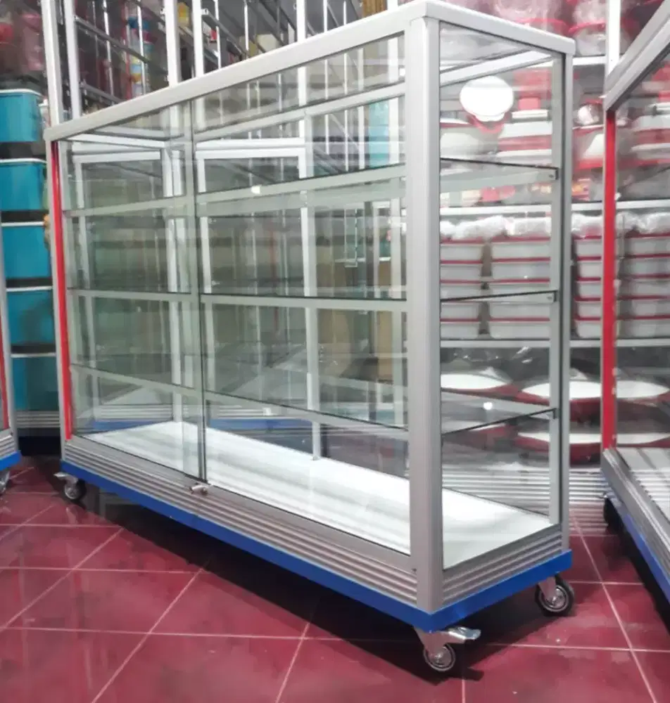 Etalase Kaca Ready Stock Ukuran 1,5M Buat Usaha || Pakai Roda & Kunci