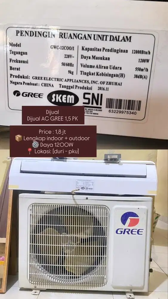 Dijual AC GREE 1,5 PK