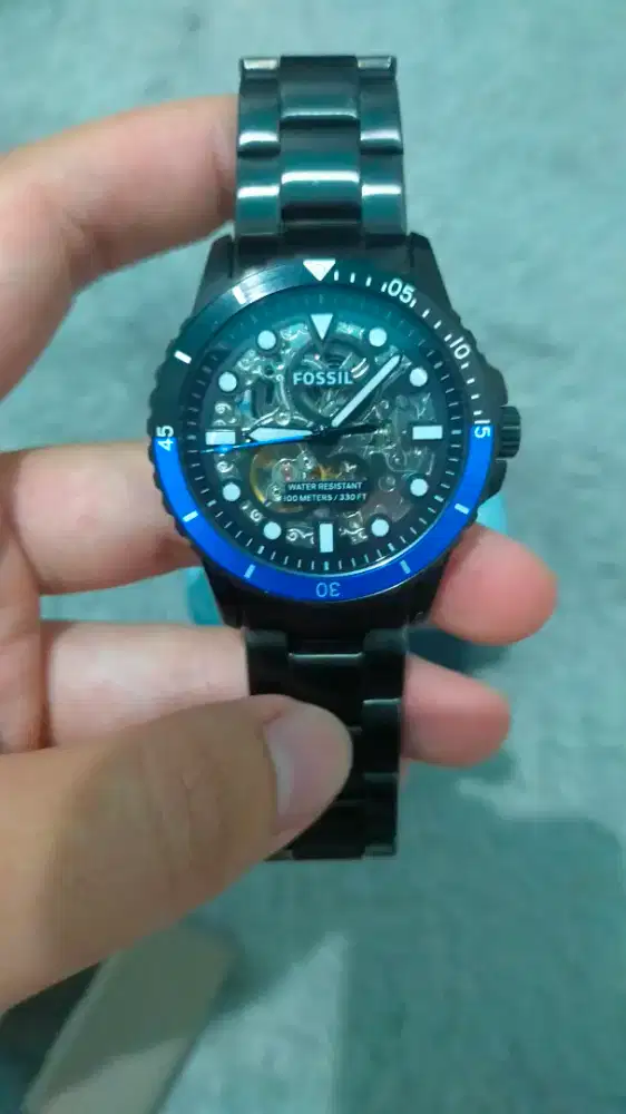 Fossil ME3201 Automatic Original – Skeleton Black Blue Fullset Mulus