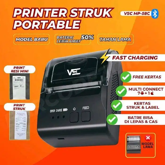 mobile printer thermal bluetooth merk VSC TM 58A 58mm baterai 1500mah