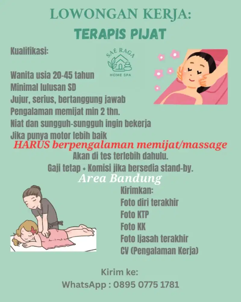 Lowongan kerja untuk massage terapist berpengalam