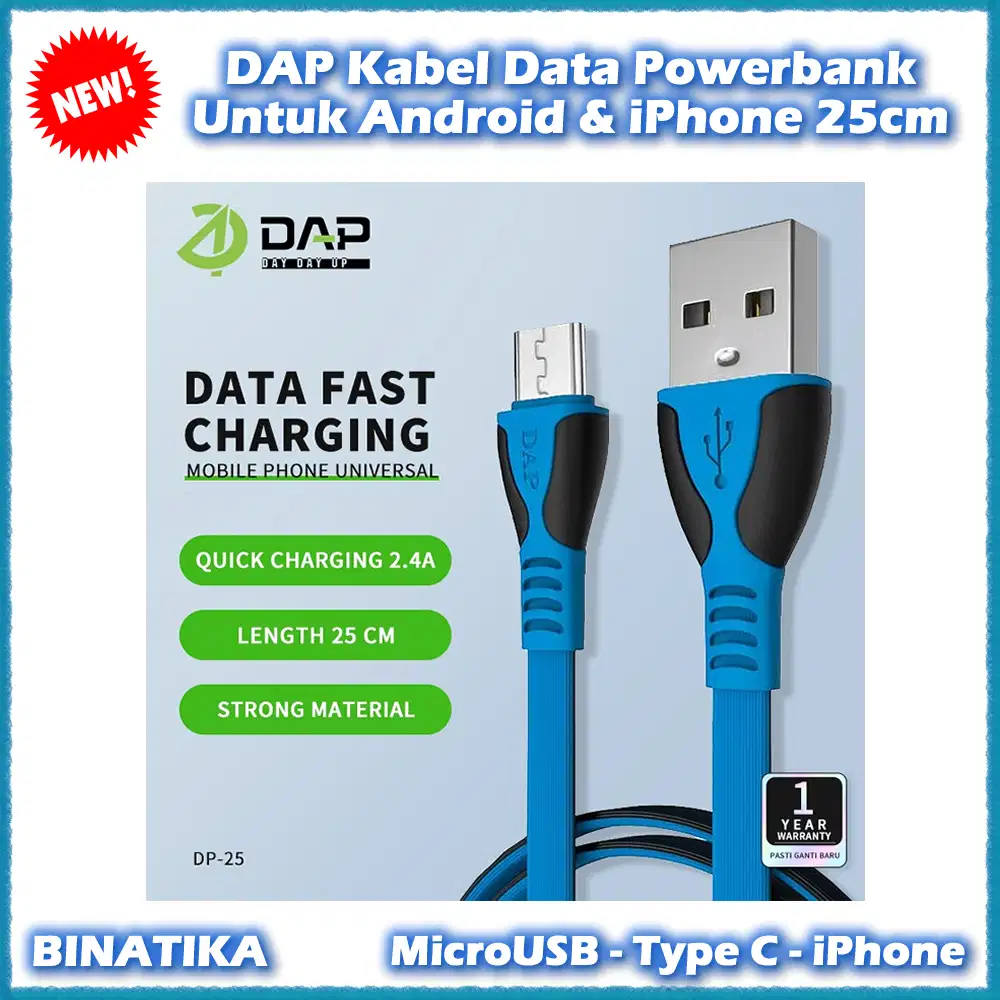 DAP Kabel Data Powerbank Untuk Android & iPhone 25cm Fast Charging Ori