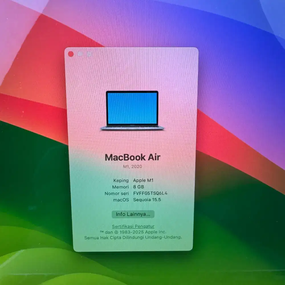 Macbook Air M1 13 Inch Ram 8 Ssd 256  lengkap full set Space Grey