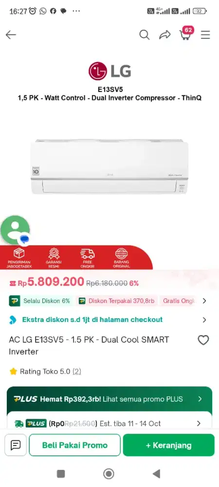 JUAL BARU AC LG
E13SV5 NJAC 1.5PK