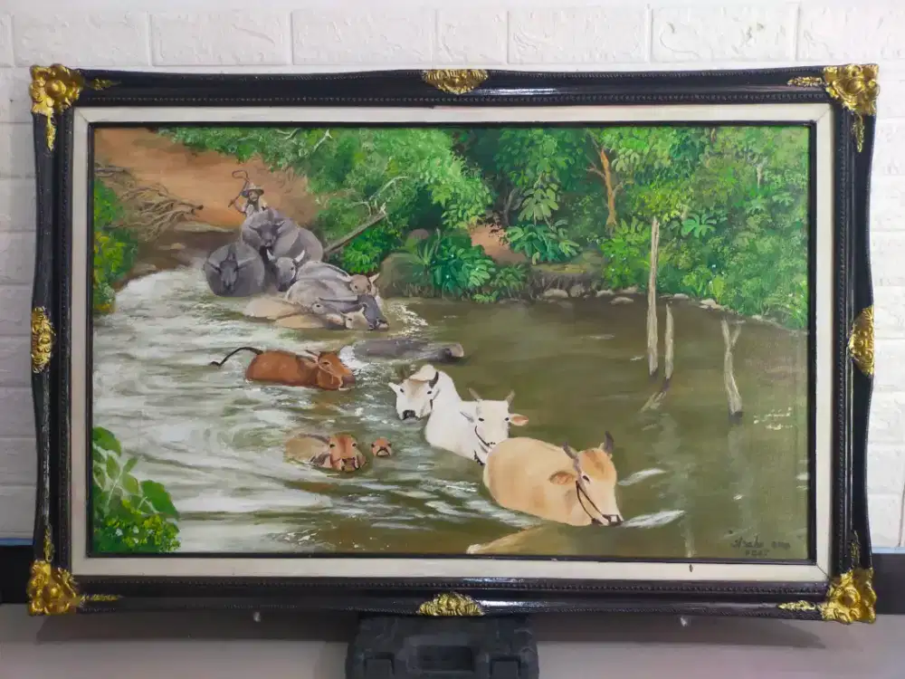 Lukisan kanvas pemandangan kaebau dan sapi