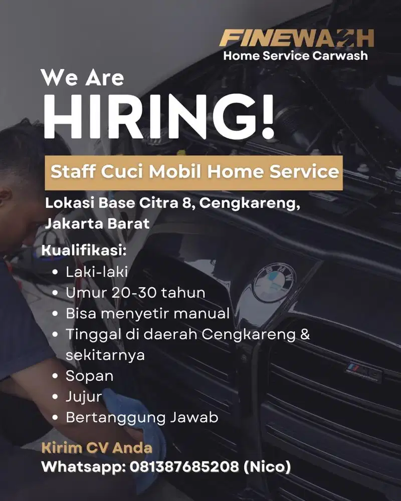 LOWONGAN KERJA HELPER CUCI MOBIL HOMESERVICE