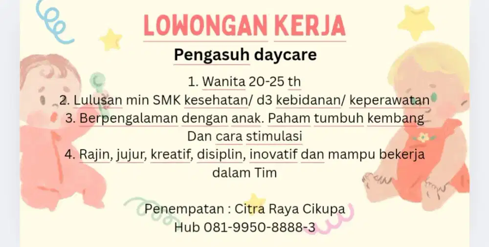 Butuh Pengasuh Daycare