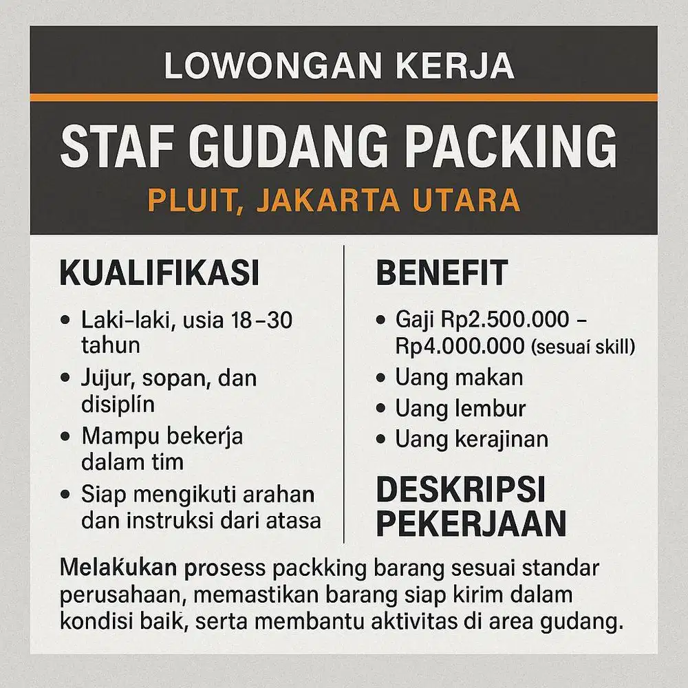 LOWONGAN UNTUK STAF GUDANG PACKING