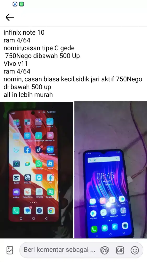 Infinix note 10 ram 4/64Nomin,Vivo V11 ram 4/64Nomin