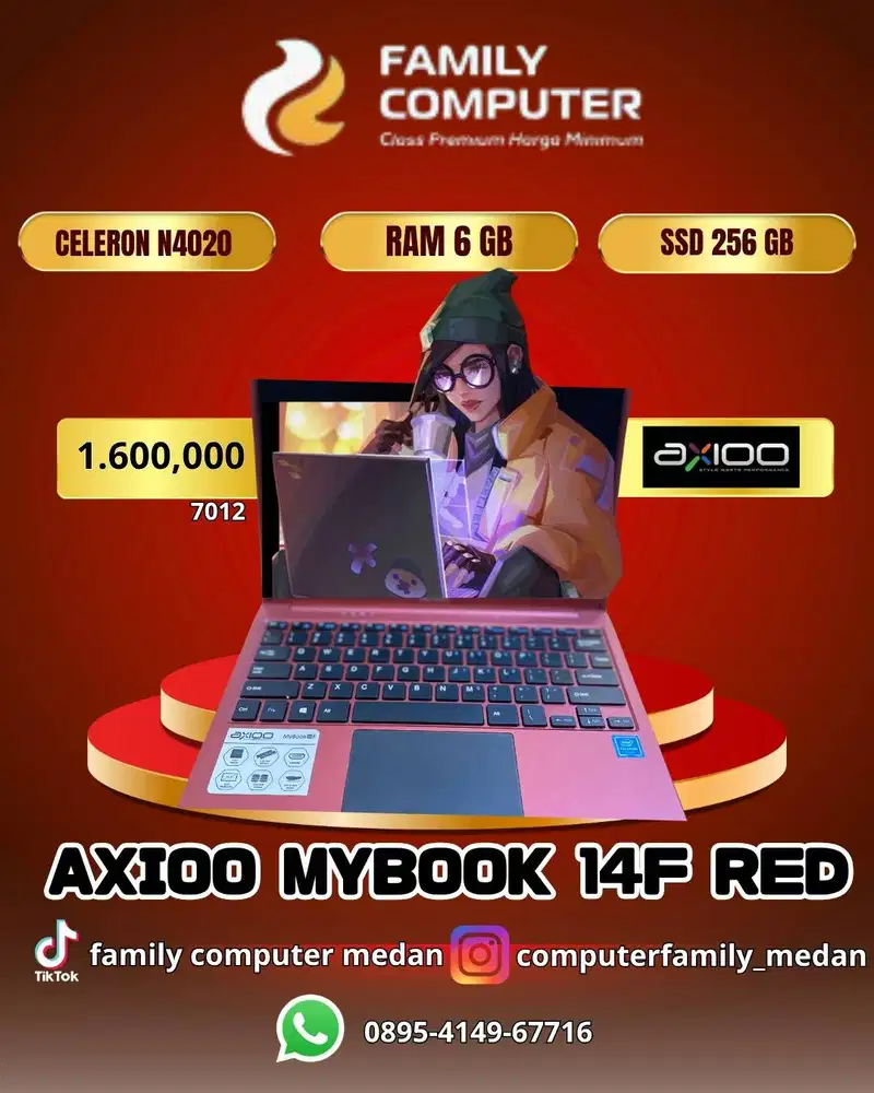 AXIOO MYBOOK 14F RED|CELERON N4020|RAM 6GB|SSD 256GB