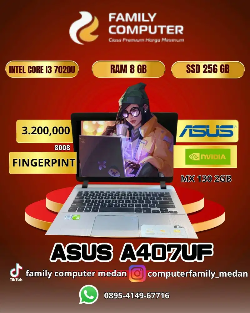 ASUS A407UF|INTEL CORE I3 7020U|RAM 8GB|SSD 256GB|FINGERPINT